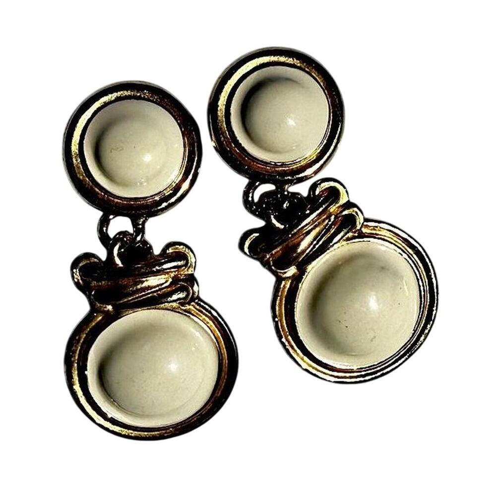 Vintage Gold & Cream Clip-On Statement Earrings Bold Round Drop Design